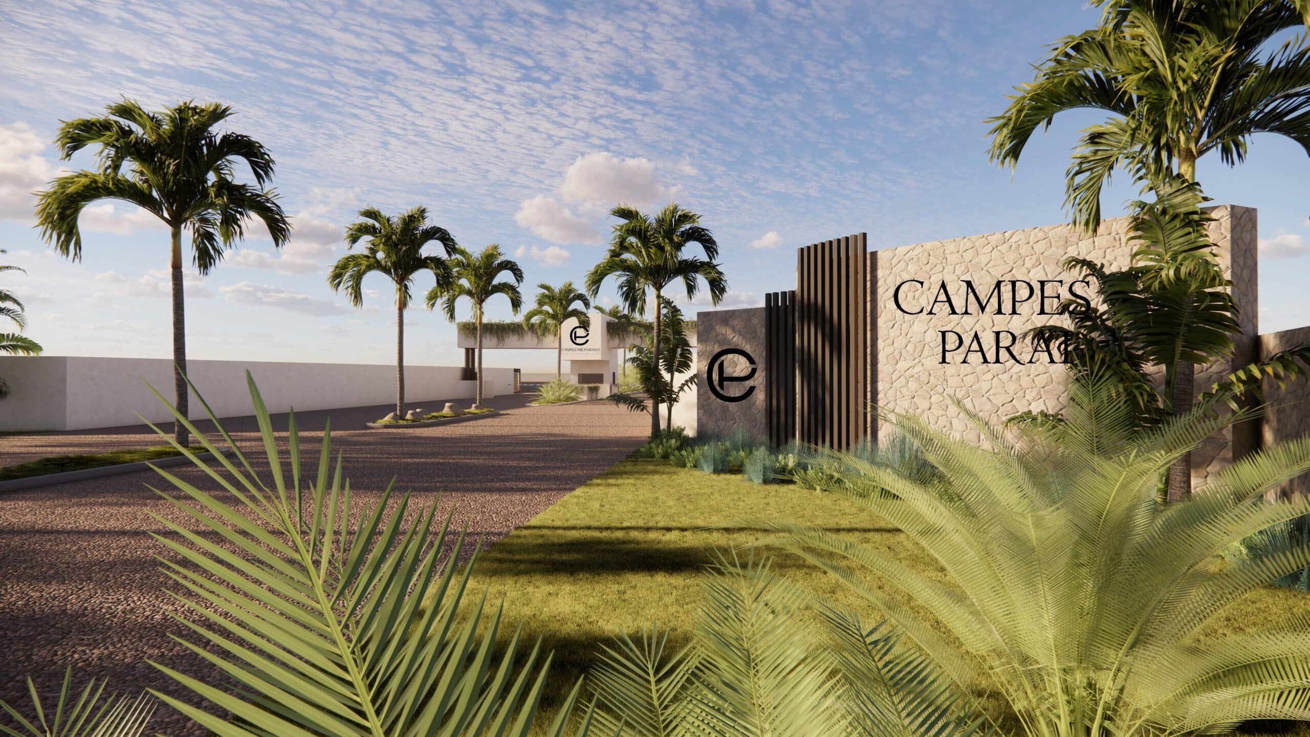 Diseño conceptual de la entrada de Campestre Paraíso, con una vialidad amplia, palmeras y una estructura de acceso distintiva.