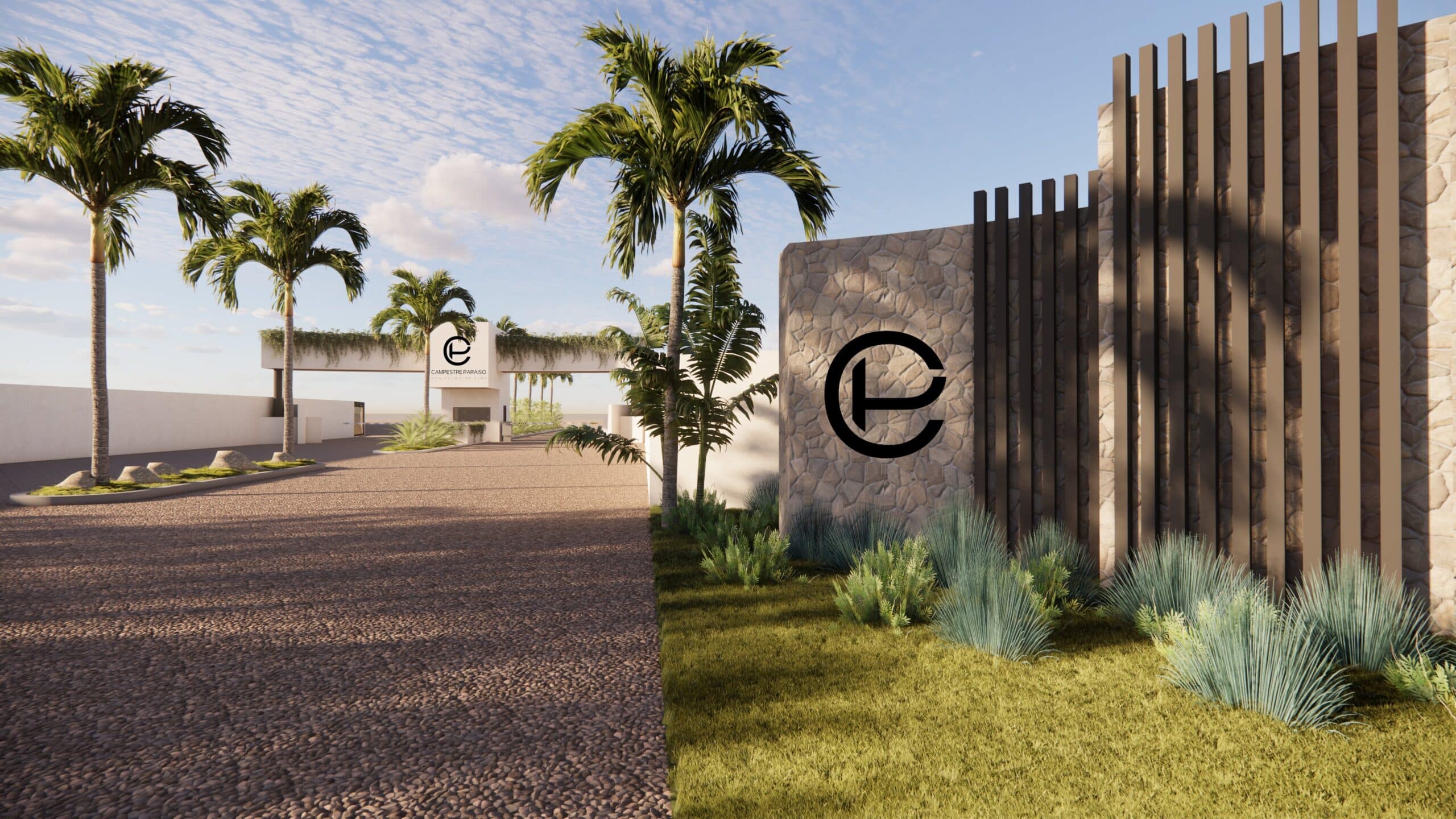 Imagen renderizada de la entrada de Campestre Paraíso, destacando su diseño armonioso con el entorno natural.