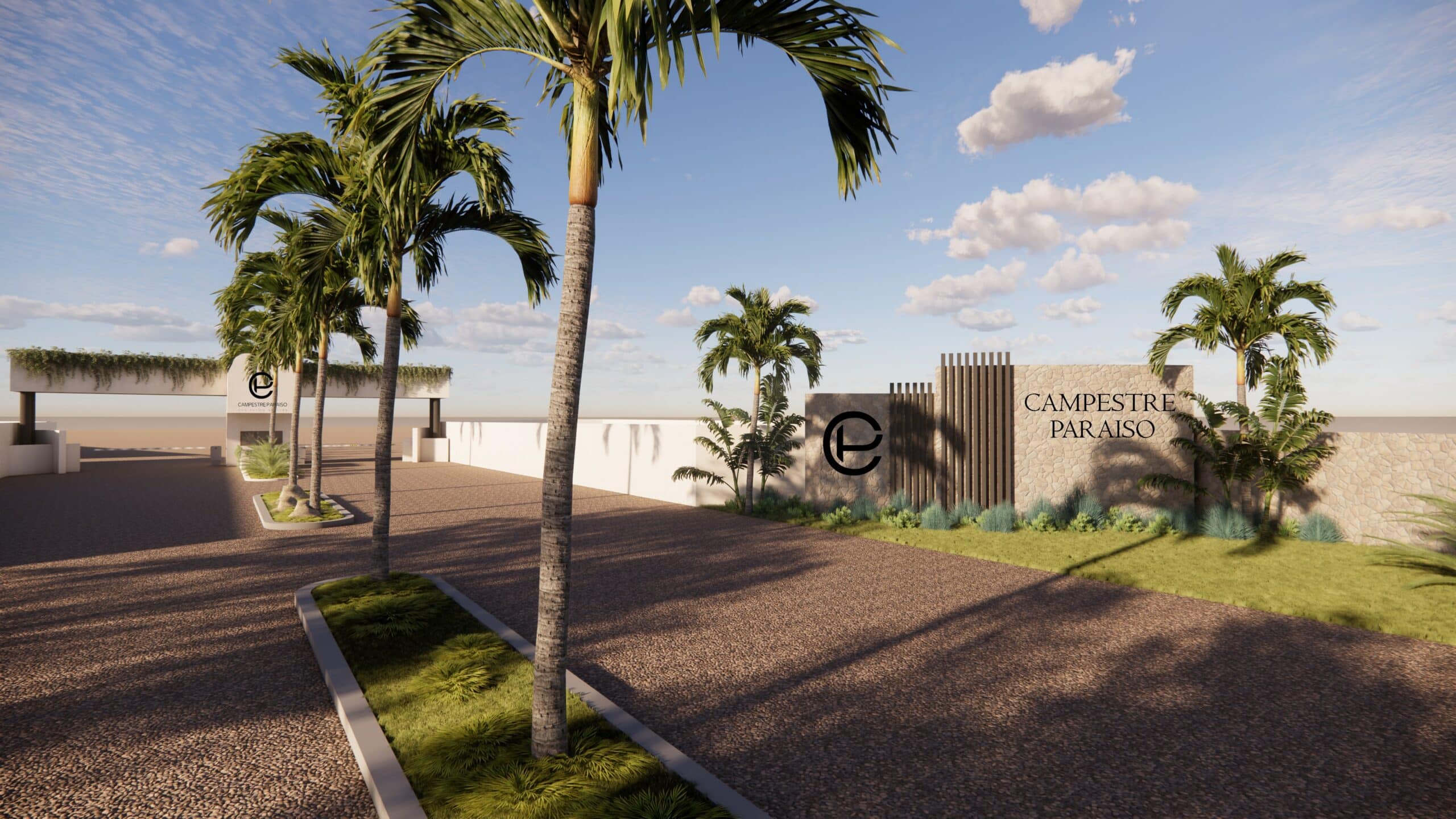 Acceso principal de Campestre Paraíso en su fase de diseño, con un camino empedrado y una fachada moderna.