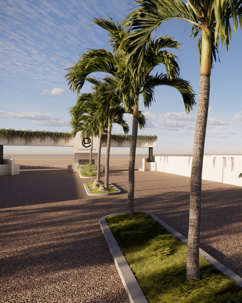 Render acceso principal de Campestre Paraíso , con un camino empedrado y una fachada moderna.